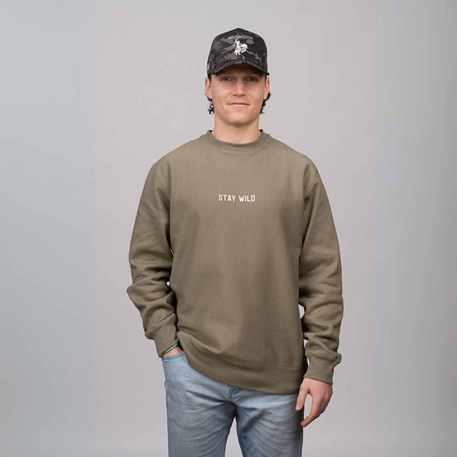 Olive green 450gsm heavyweight cotton crewneck sweatshirt with Half Broken Horse logo, front view